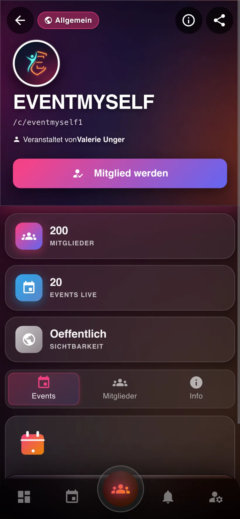 EVENTMYSELF Community-Profil mit Mitgliedern und Events